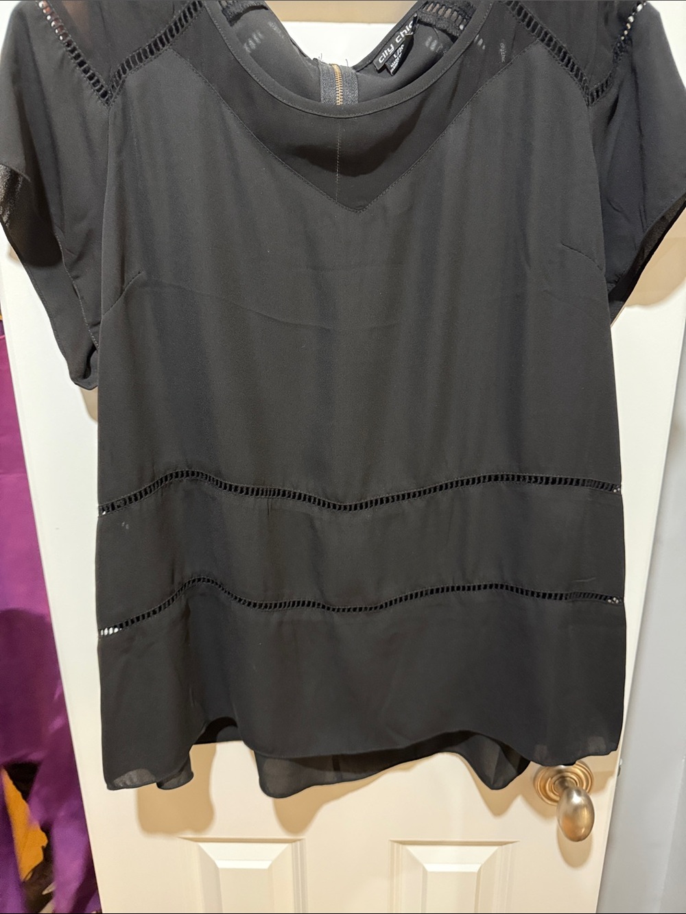 City Chic Black Short-Sleeve Eyelet Trim Blouse